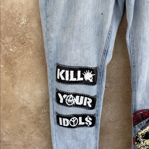 Watson Blue Jeans Size 36 Skull Patch Distressed Punk Slogan Graphic Denim - Picture 3 of 16
